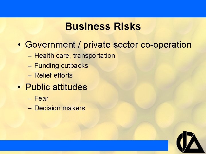 Business Risks • Government / private sector co-operation – Health care, transportation – Funding