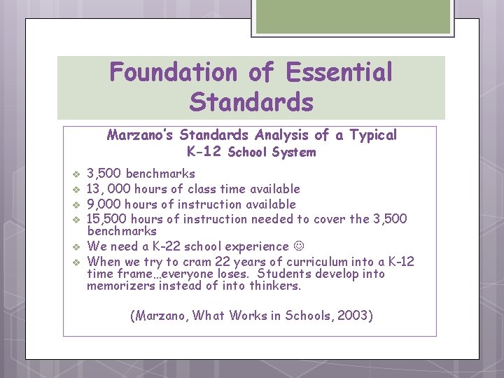 Foundation of Essential Standards Marzano’s Standards Analysis of a Typical K-12 School System v