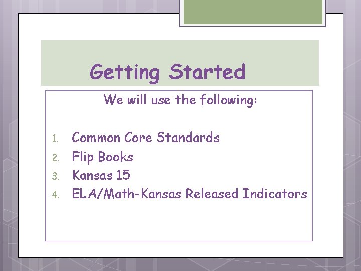 Getting Started We will use the following: 1. 2. 3. 4. Common Core Standards