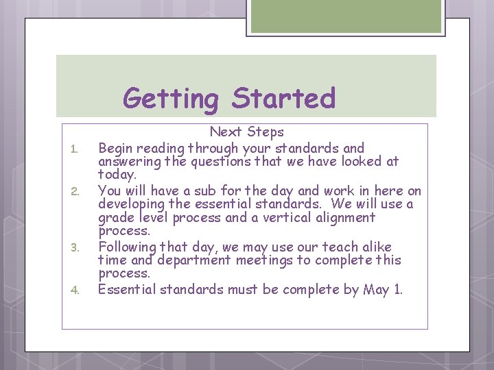 Getting Started 1. 2. 3. 4. Next Steps Begin reading through your standards and