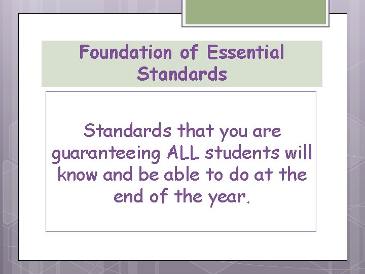 Foundation of Essential Standards that you are guaranteeing ALL students will know and be