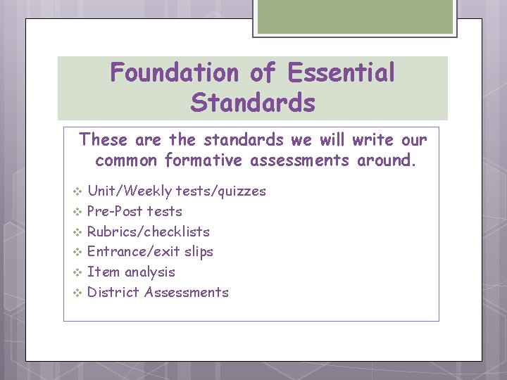 Foundation of Essential Standards These are the standards we will write our common formative