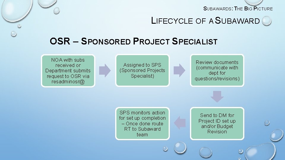 SUBAWARDS: THE BIG PICTURE LIFECYCLE OF A SUBAWARD OSR – SPONSORED PROJECT SPECIALIST NOA