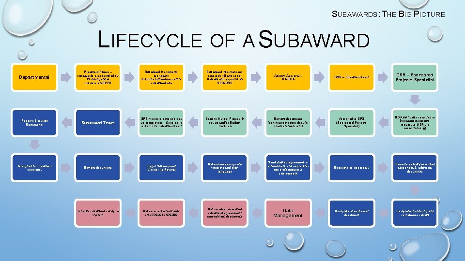 SUBAWARDS: THE BIG PICTURE LIFECYCLE OF A SUBAWARD Departmental Preaward Phase – subawards are