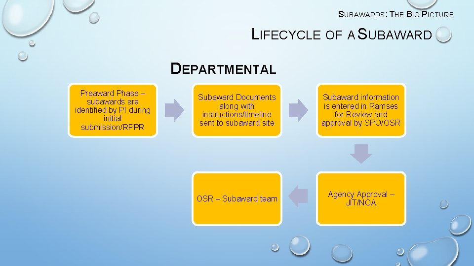 SUBAWARDS: THE BIG PICTURE LIFECYCLE OF A SUBAWARD DEPARTMENTAL Preaward Phase – subawards are