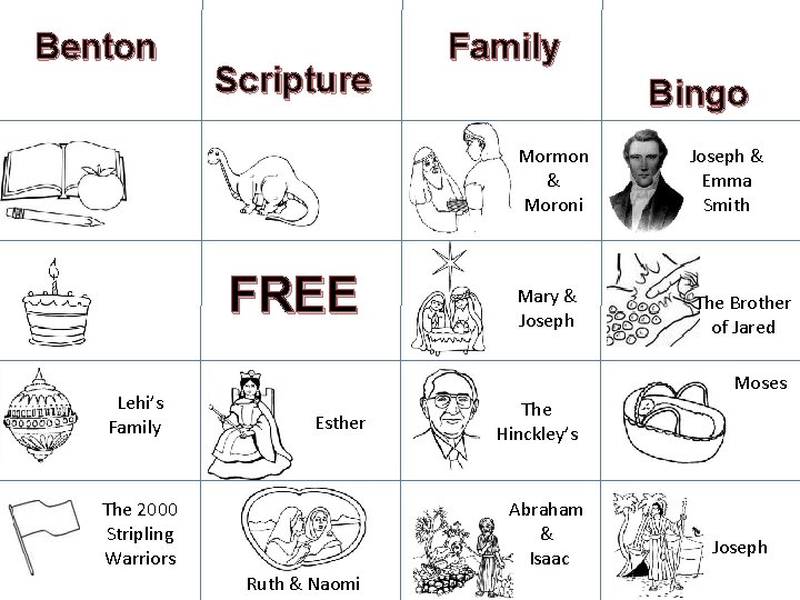 Benton Scripture FREE Lehi’s Family Bingo Mormon & Moroni Joseph & Emma Smith Mary