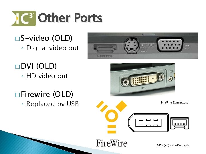 Other Ports � S-video (OLD) ◦ Digital video out � DVI (OLD) ◦ HD