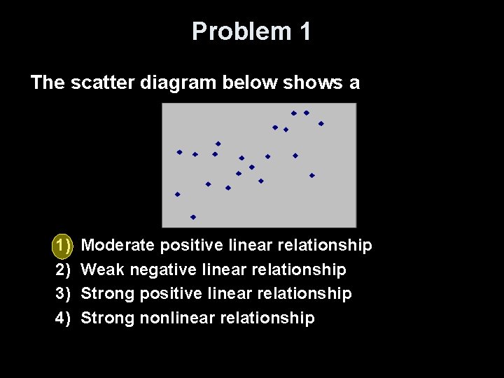Problem 1 The scatter diagram below shows a 1) 2) 3) 4) Moderate positive