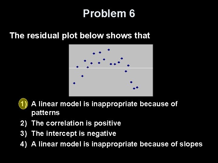 Problem 6 The residual plot below shows that 1) A linear model is inappropriate