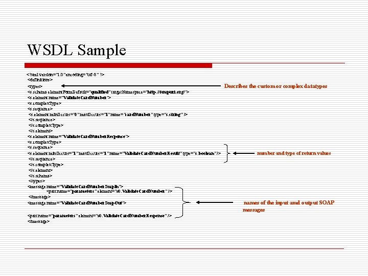 WSDL Sample <? xml version="1. 0" encoding="utf-8" ? > <definitions> <types> <s: schema element.