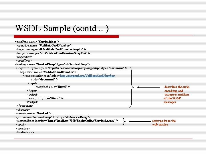 WSDL Sample (contd. . ) <port. Type name="Service 1 Soap"> <operation name="Validate. Card. Number">