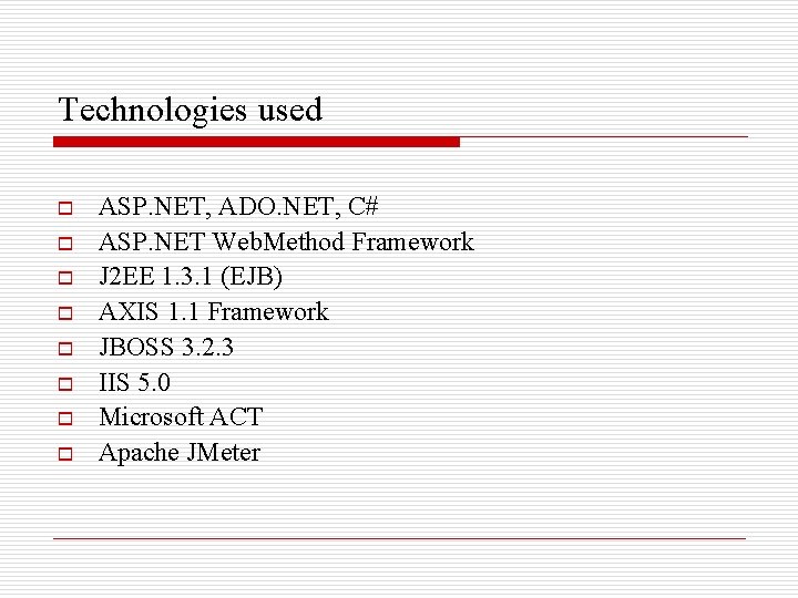 Technologies used o o o o ASP. NET, ADO. NET, C# ASP. NET Web.