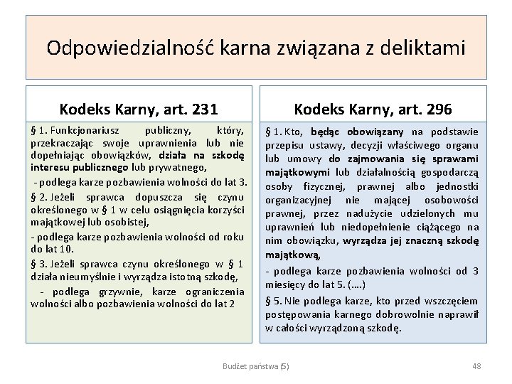 Odpowiedzialność karna związana z deliktami Kodeks Karny, art. 231 Kodeks Karny, art. 296 §