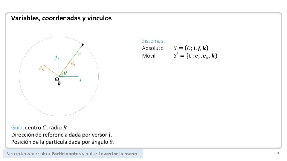 Mecánica Newtoniana Variables, coordenadas y vínculos Para intervenir: abra Participantes y pulse Levantar la