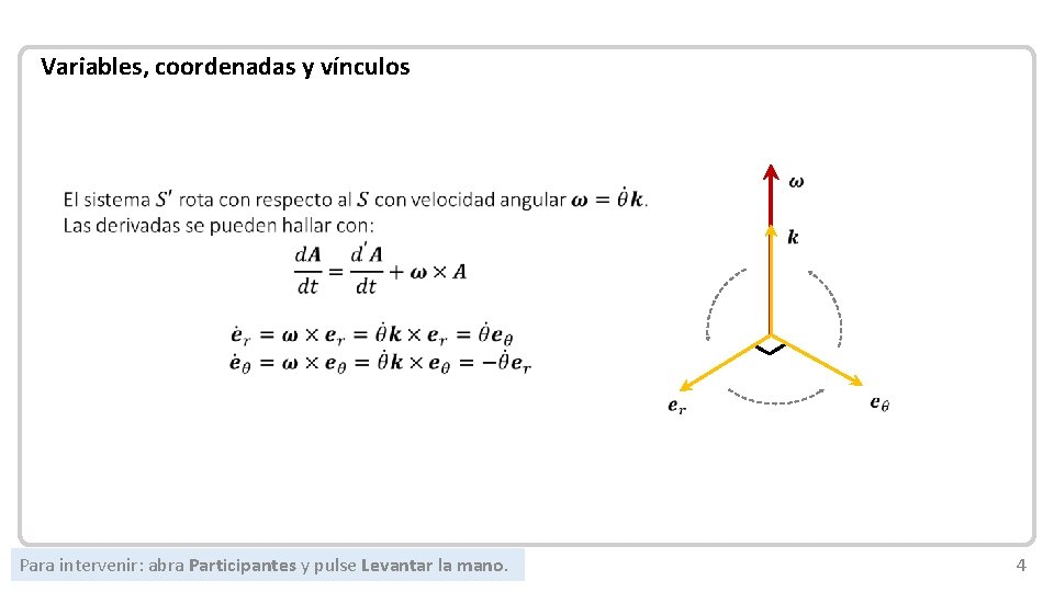 Mecánica Newtoniana Variables, coordenadas y vínculos Para intervenir: abra Participantes y pulse Levantar la