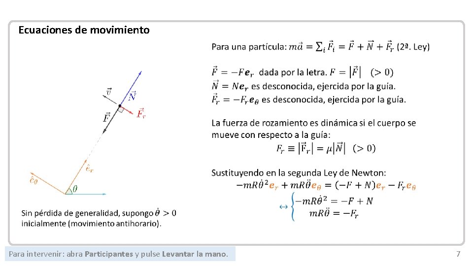 Mecánica Newtoniana Ecuaciones de movimiento Para intervenir: abra Participantes y pulse Levantar la mano.