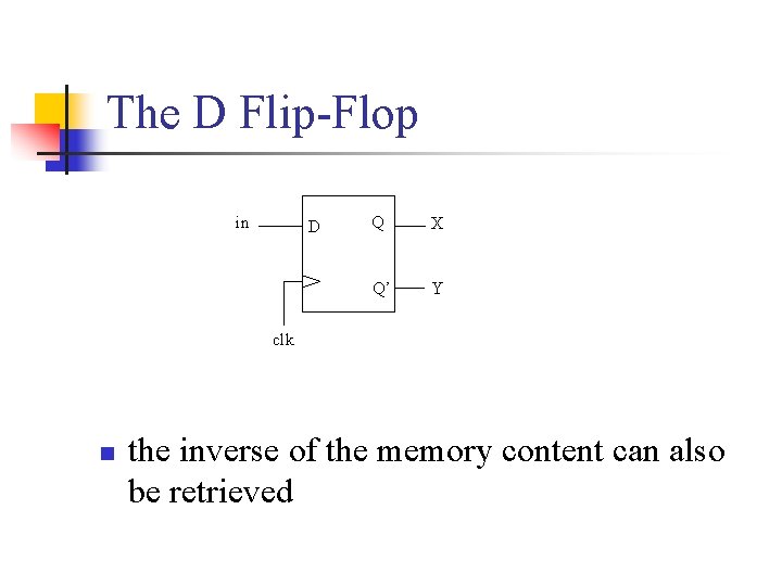 The D Flip-Flop in D Q X Q’ Y clk n the inverse of