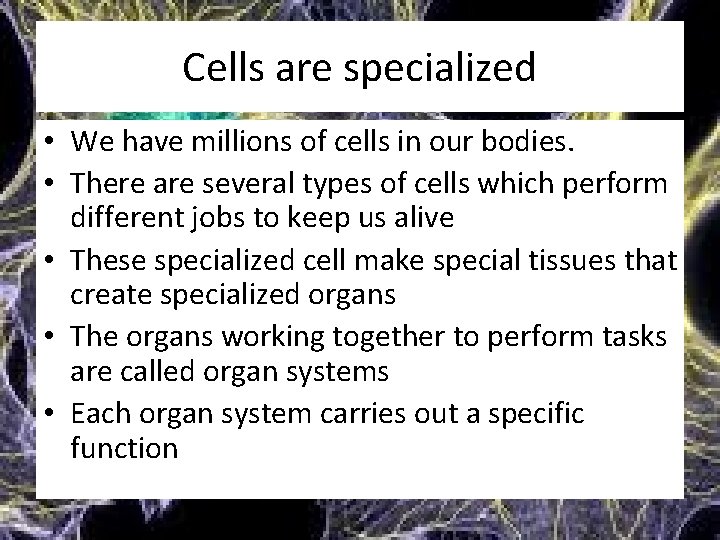 Cells are specialized • We have millions of cells in our bodies. • There