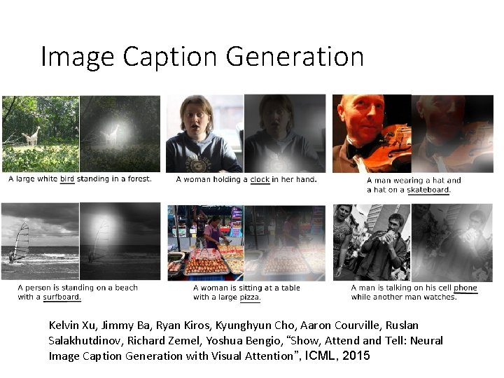Image Caption Generation Kelvin Xu, Jimmy Ba, Ryan Kiros, Kyunghyun Cho, Aaron Courville, Ruslan