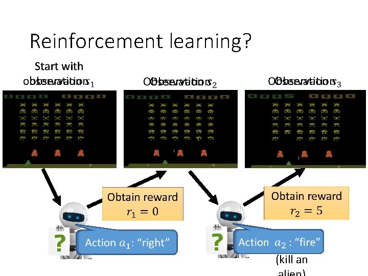 Reinforcement learning? Start with observation Obtain reward Action : “right” Observation Obtain reward Action