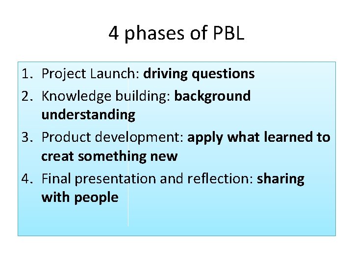 4 phases of PBL 1. Project Launch: driving questions 2. Knowledge building: background understanding