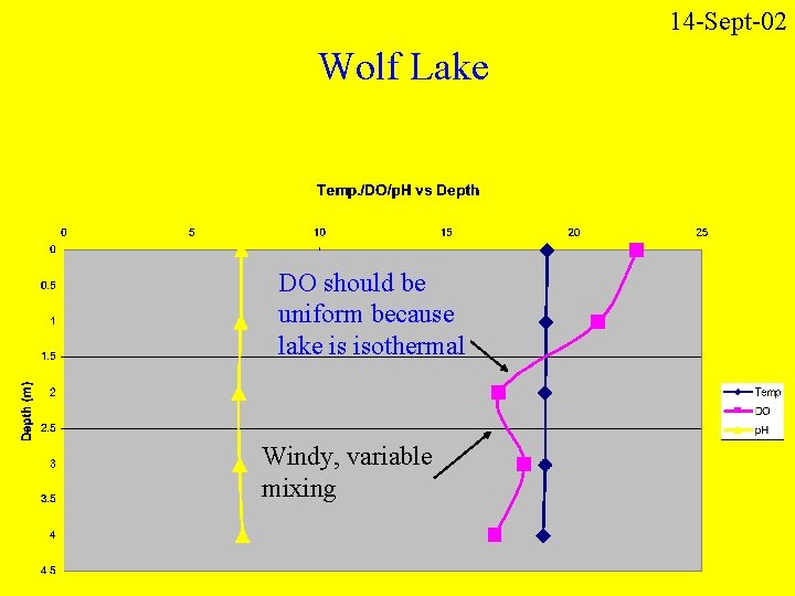 14 -Sept-02 Wolf Lake DO should be uniform because lake is isothermal Windy, variable