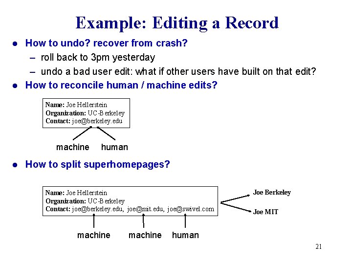 Example: Editing a Record How to undo? recover from crash? – roll back to Example: Editing a Record How to undo? recover from crash? – roll back to