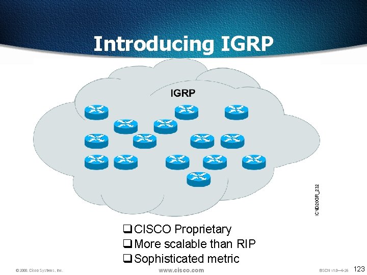 Introducing IGRP q CISCO Proprietary q More scalable than RIP q Sophisticated metric 123