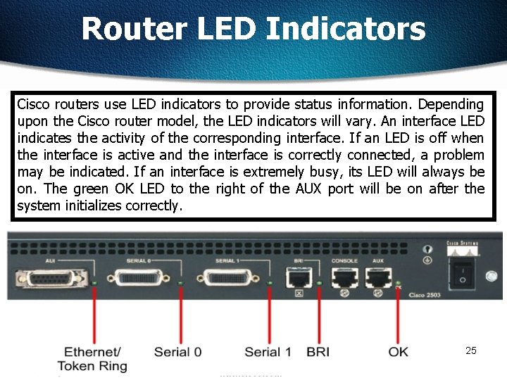 Router LED Indicators Cisco routers use LED indicators to provide status information. Depending upon