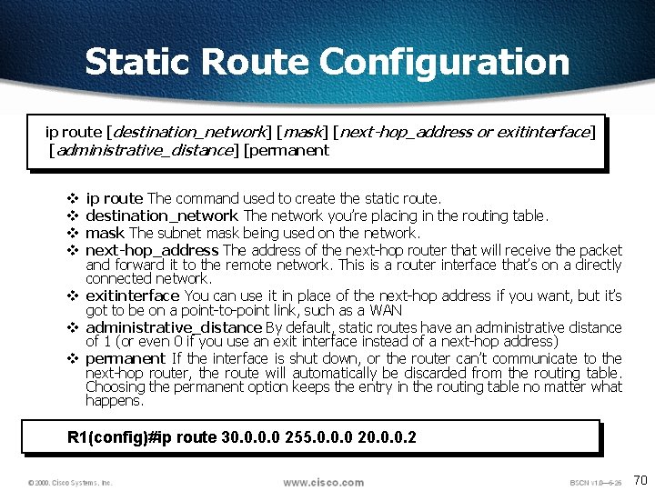 Static Route Configuration ip route [destination_network] [mask] [next-hop_address or exitinterface] [administrative_distance] [permanent ip route