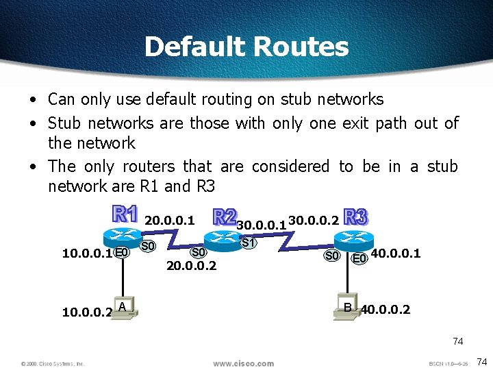 Default Routes • Can only use default routing on stub networks • Stub networks