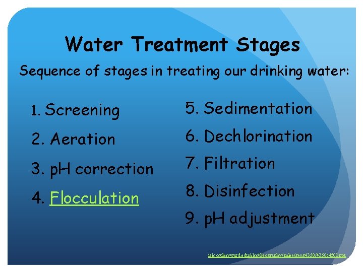 Water Treatment Stages Sequence of stages in treating our drinking water: 1. Screening 5.