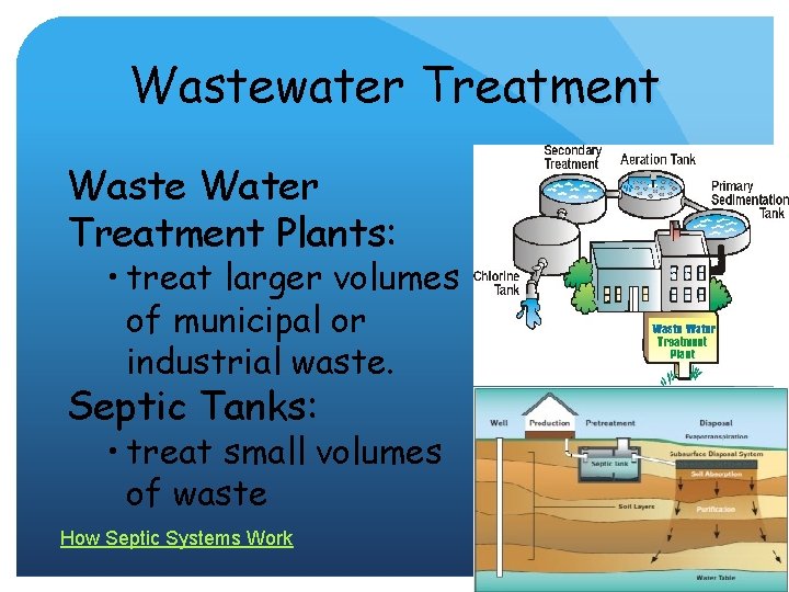Wastewater Treatment Waste Water Treatment Plants: • treat larger volumes of municipal or industrial