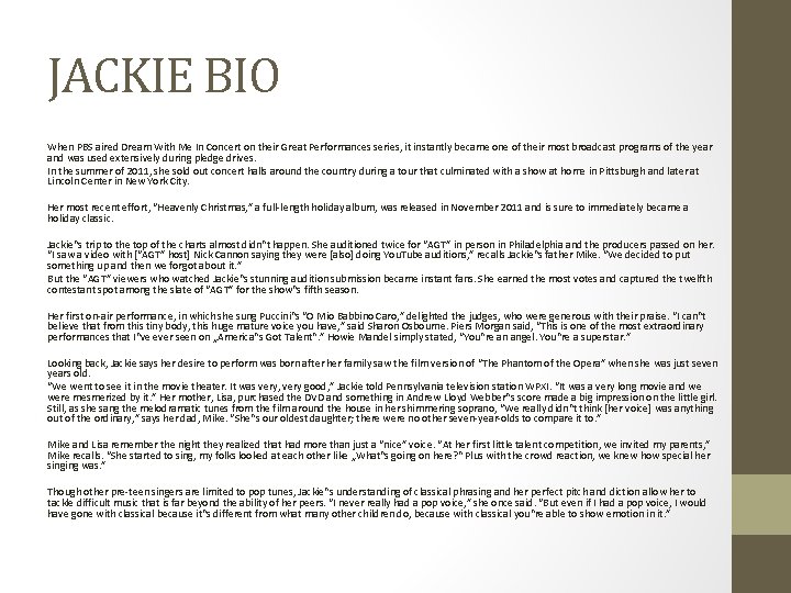 JACKIE BIO When PBS aired Dream With Me In Concert on their Great Performances