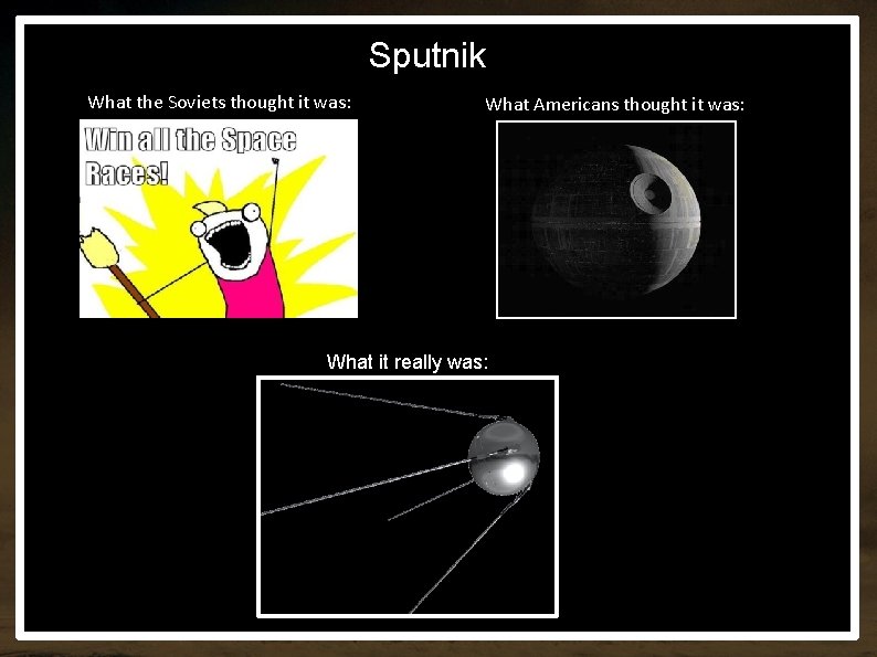 Sputnik What the Soviets thought it was: What Americans thought it was: What it