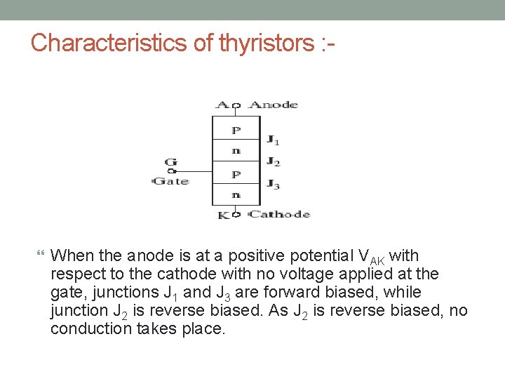 Characteristics of thyristors : - When the anode is at a positive potential VAK