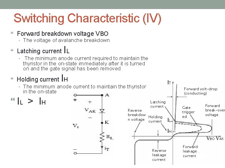 Switching Characteristic (IV) Forward breakdown voltage VBO ◦ The voltage of avalanche breakdown I