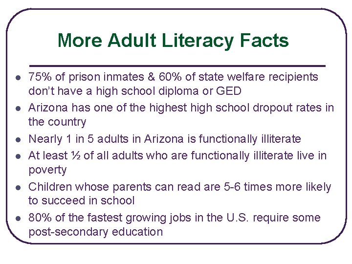 More Adult Literacy Facts l l l 75% of prison inmates & 60% of