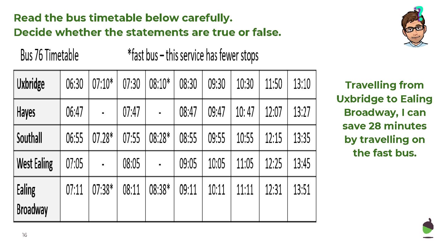 Read the bus timetable below carefully. Decide whether the statements are true or false.