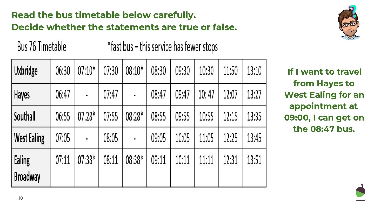 Read the bus timetable below carefully. Decide whether the statements are true or false.