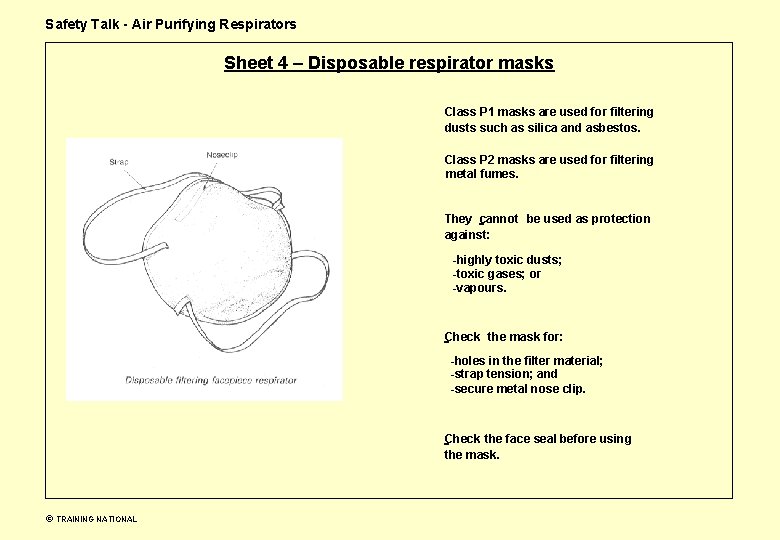 Safety Talk - Air Purifying Respirators Sheet 4 – Disposable respirator masks Class P