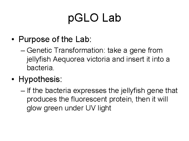 p. GLO Lab • Purpose of the Lab: – Genetic Transformation: take a gene