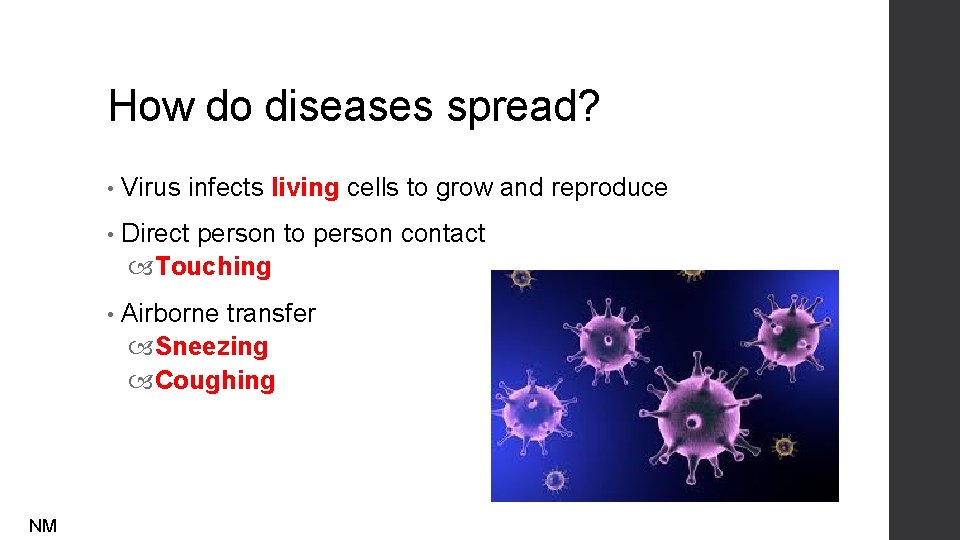 How do diseases spread? NM • Virus infects living cells to grow and reproduce