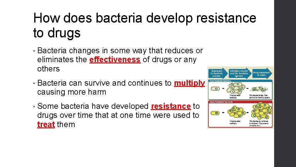 How does bacteria develop resistance to drugs • Bacteria changes in some way that