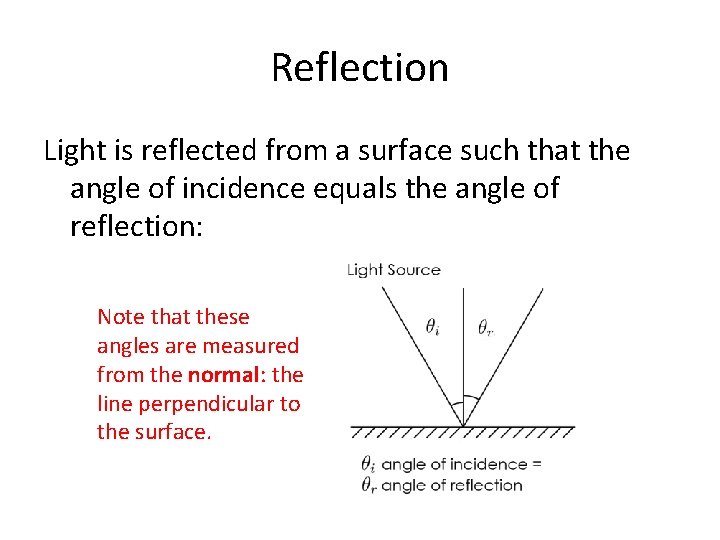 Reflection Light is reflected from a surface such that the angle of incidence equals