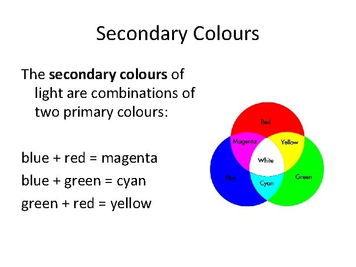 Secondary Colours The secondary colours of light are combinations of two primary colours: blue
