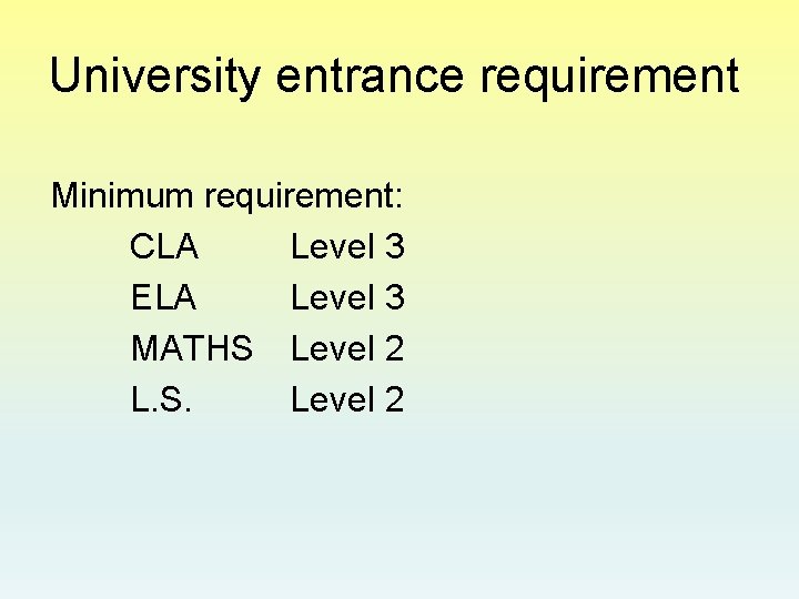 University entrance requirement Minimum requirement: CLA Level 3 ELA Level 3 MATHS Level 2