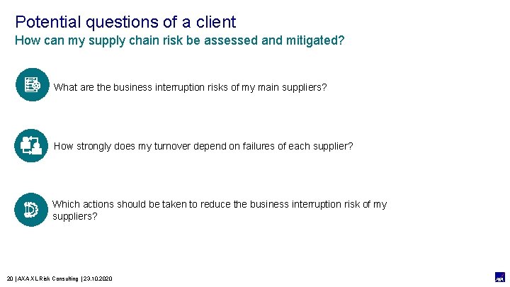 Potential questions of a client How can my supply chain risk be assessed and