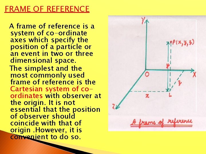FRAME OF REFERENCE A frame of reference is a system of co-ordinate axes which
