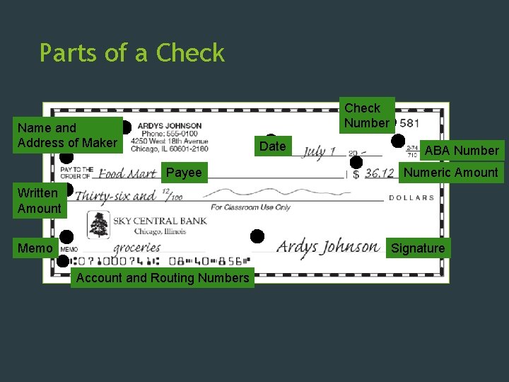 Parts of a Check Number Name and Address of Maker Date Payee ABA Number